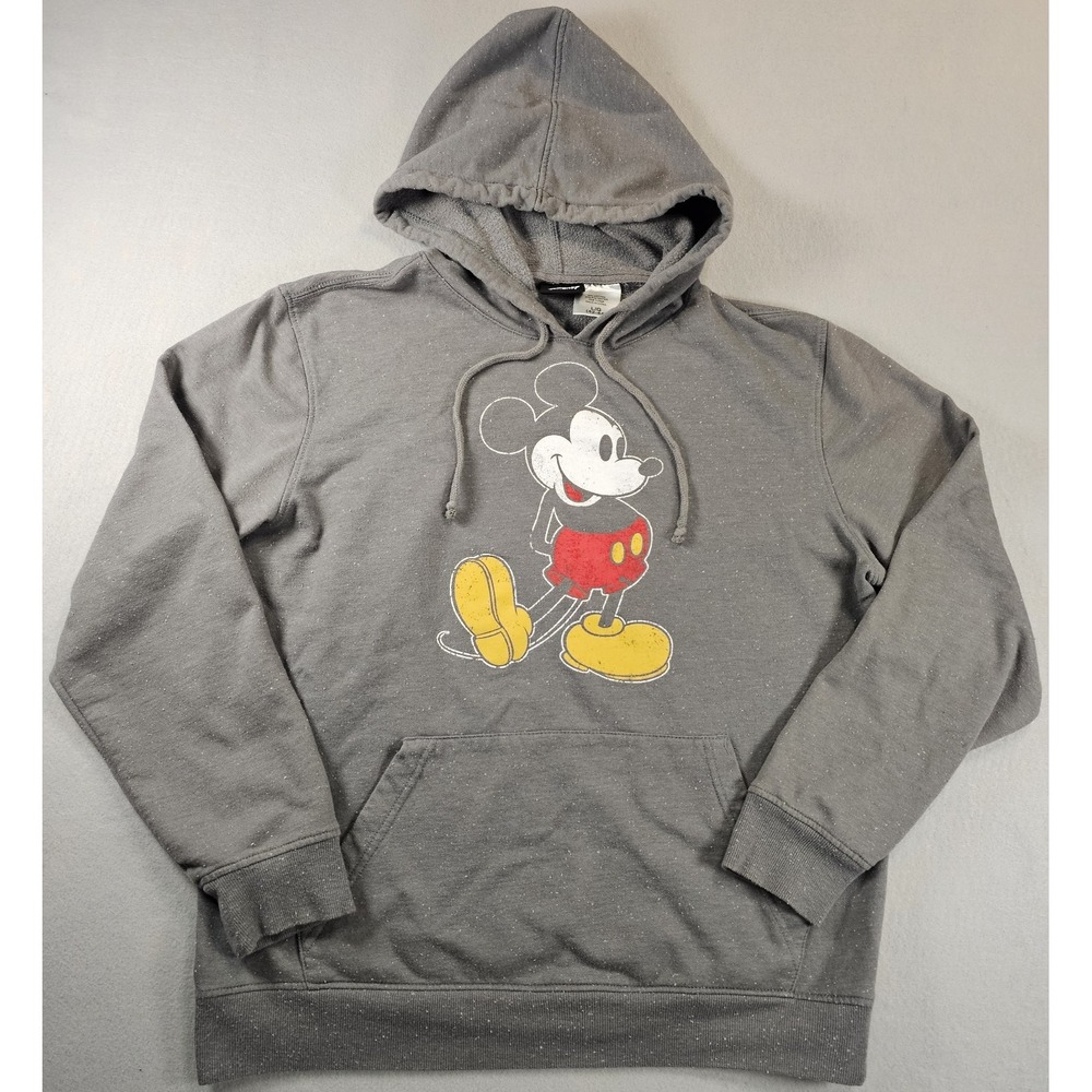Disney Mickey Mouse Hoodie Mens L Gray Speckled Distressed Graphic Pullover